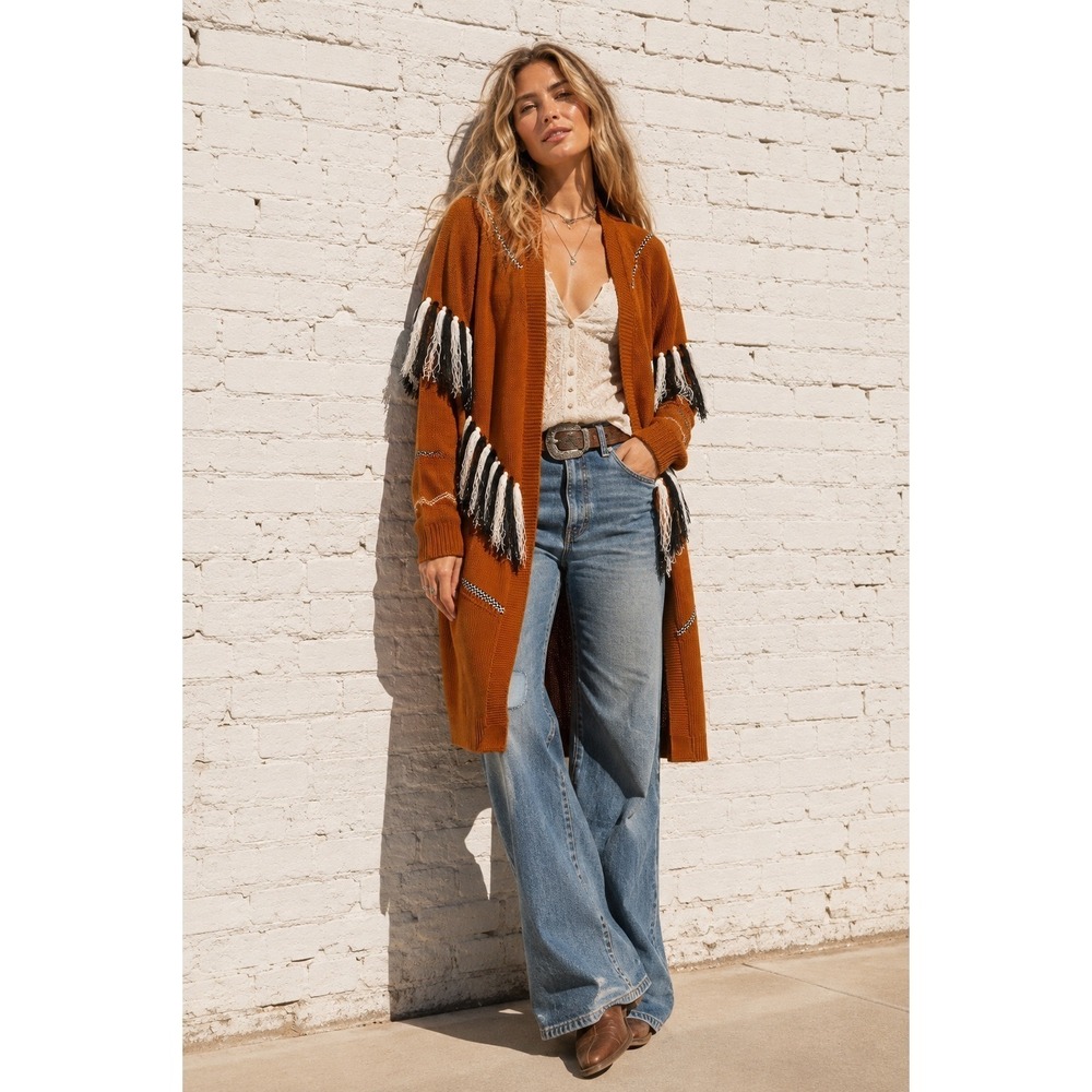 ANDTHEWHY Rust Orange Fringe Longline Western Boho Cardigan M/L ATW14226